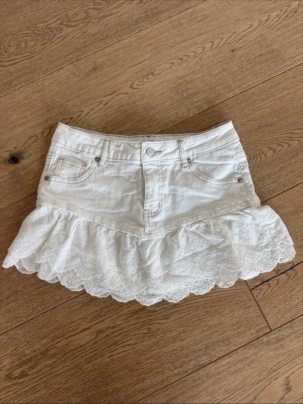 White Eyelet Ruffle Denim Mini Skirt size S